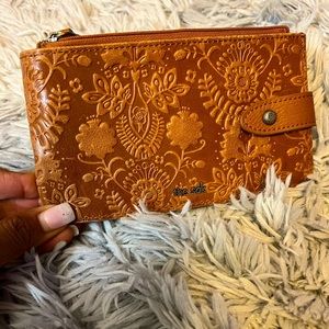 THE SAK Tooled Brown Leather Embroidered 16 card holder Two Zipper Wallet